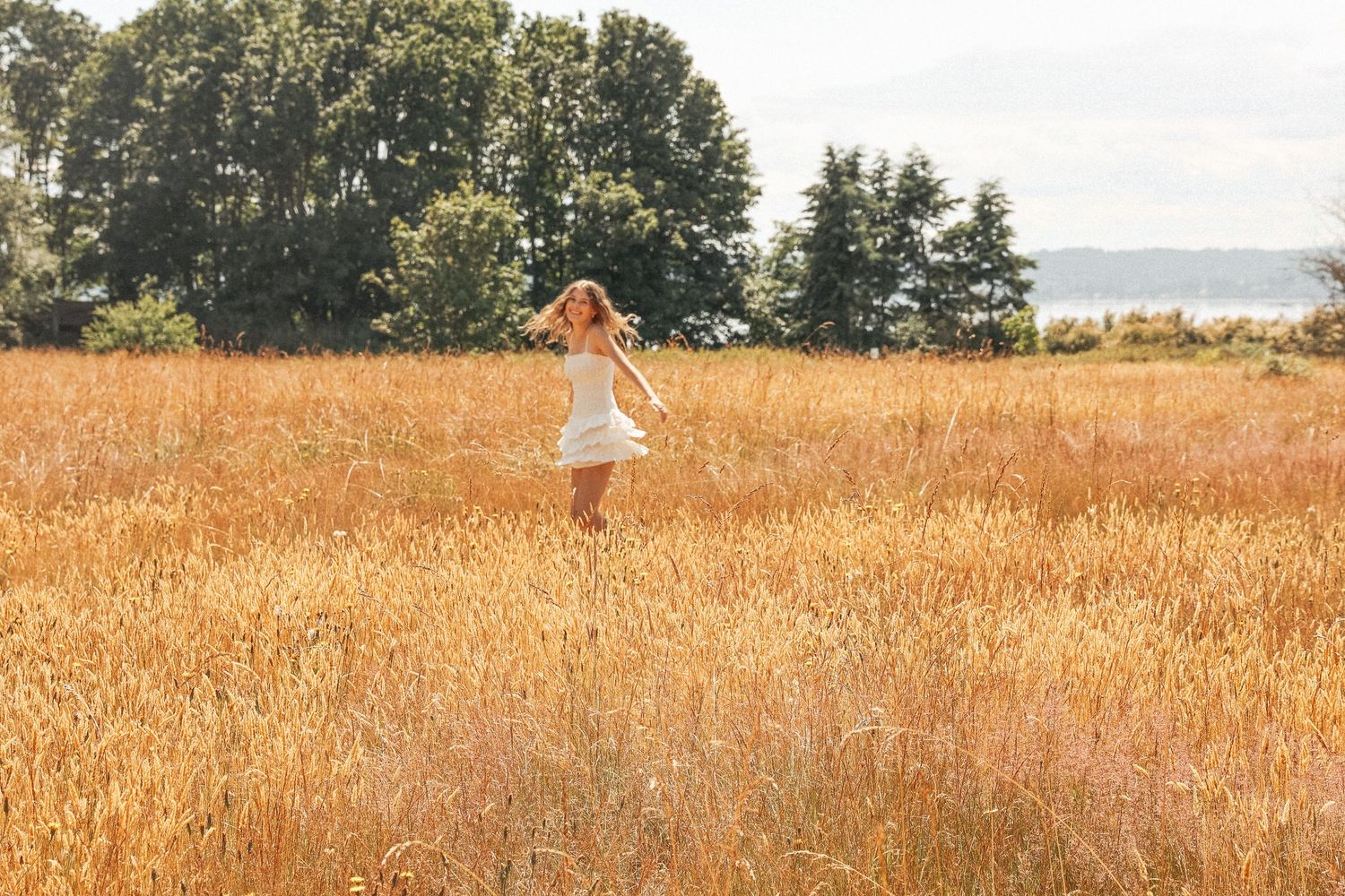 Wide landscape view of figure walking through golden wheat field at sunset.