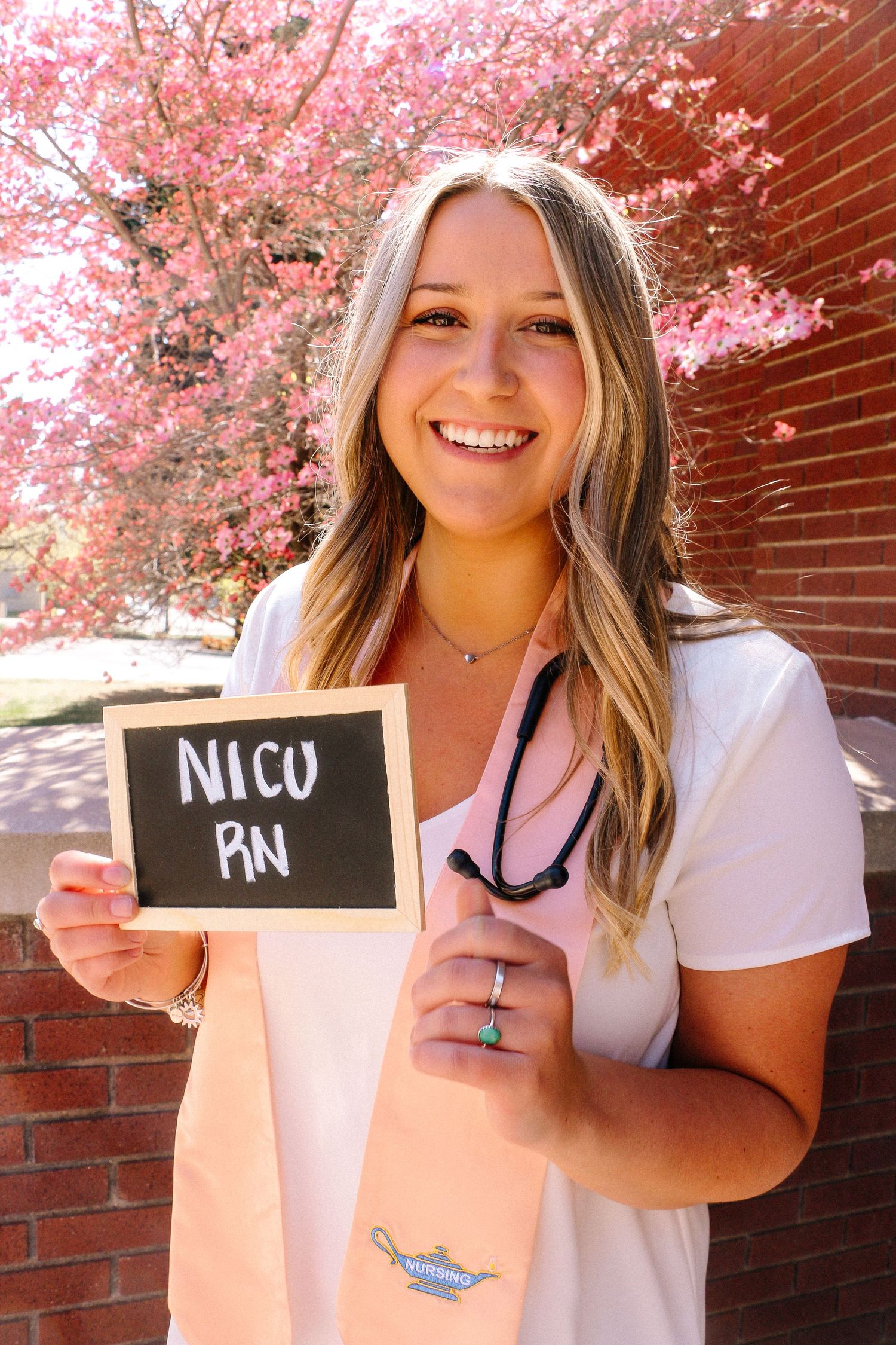 A series of photos showing someone holding small chalkboard signs against a brick wall with pink cherry blossoms in bloom.