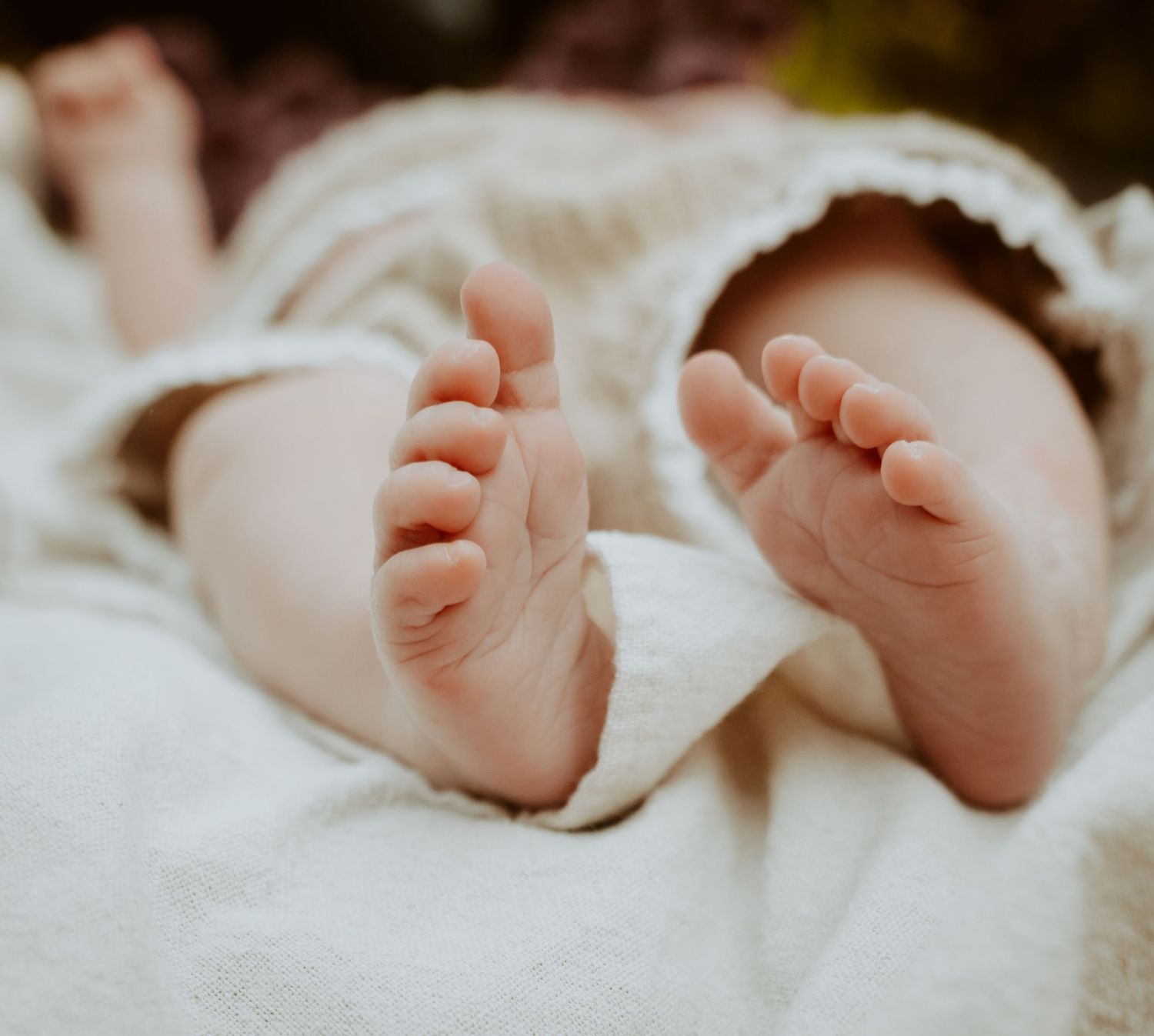 Close-up view of tiny baby feet wrapped in soft white blankets showing delicate toes.