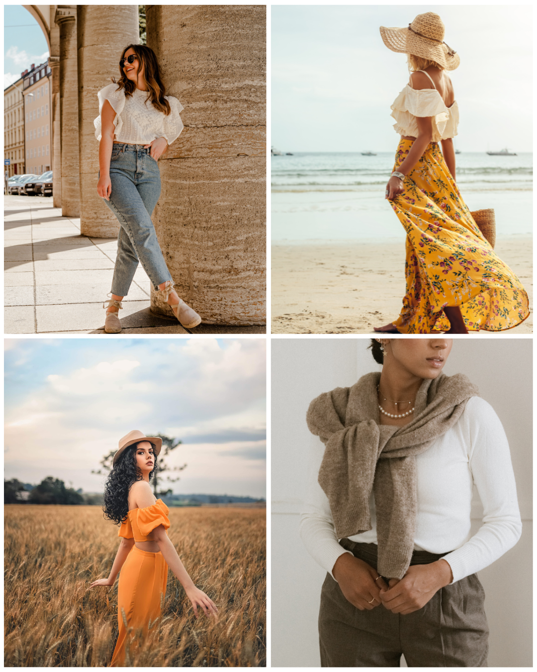 A fashion collage featuring casual summer outfits with flowy dresses, denim, and neutral accessories against beachy backgrounds.