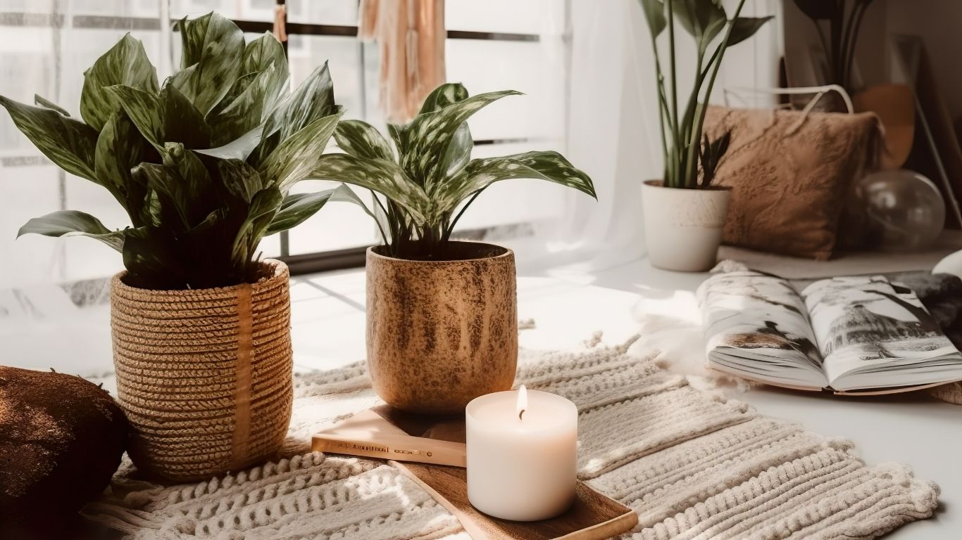 A cozy home interior with woven baskets, potted plants, and natural decor elements arranged on wooden furniture.