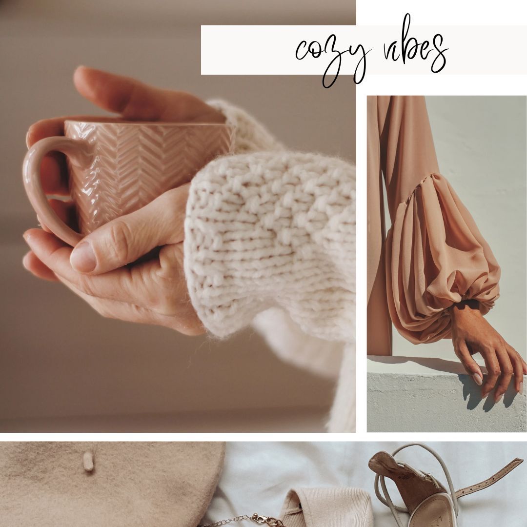 Hands holding a cozy beige mug with knit sweater, flowing fabric sleeves, and neutral color tones in a lifestyle collage.