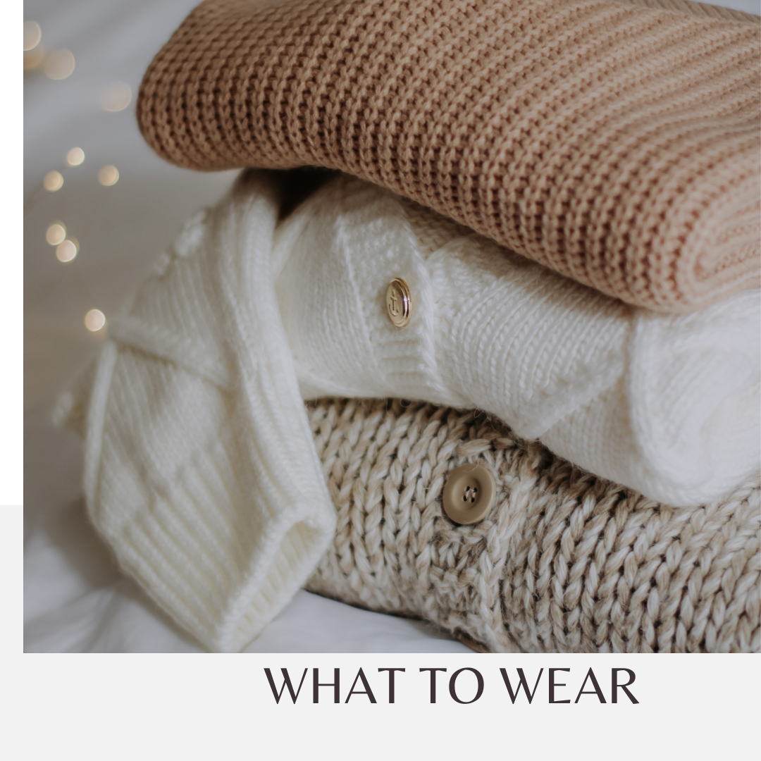 Cozy knit sweaters and cardigans in neutral beige and white tones stacked with text 'What to Wear' below.