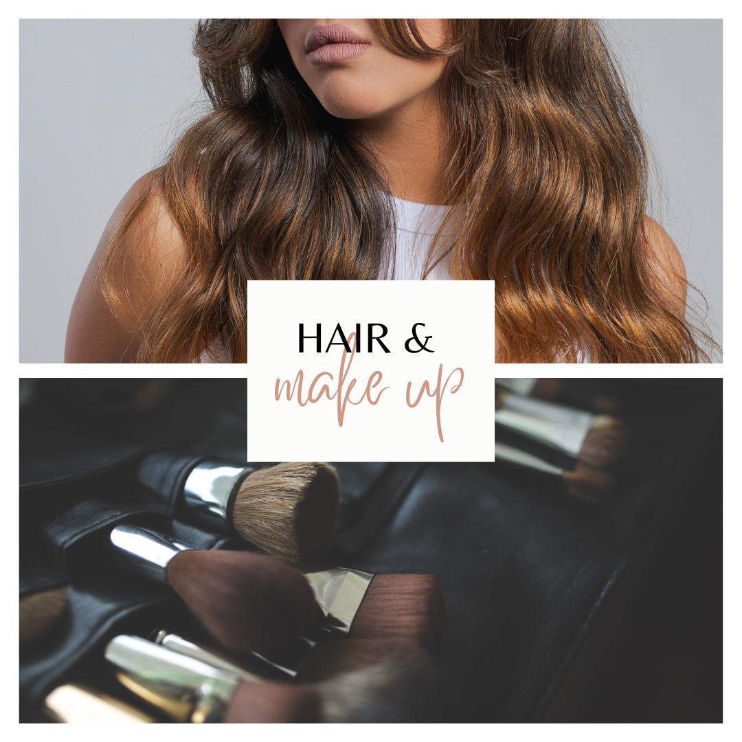 Collage showing long wavy brown hair styling and makeup brushes with text overlay reading 'HAIR & MAKE UP'.