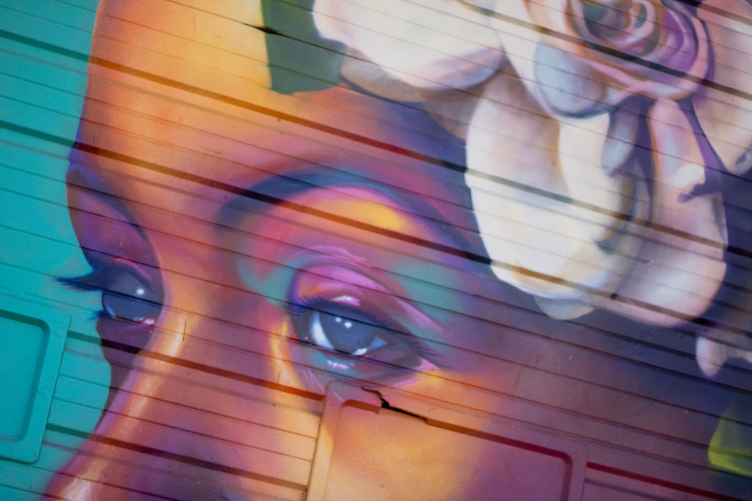 Colorful graffiti art adorns a metal security gate with vibrant blues, pinks and purples creating an abstract design.
