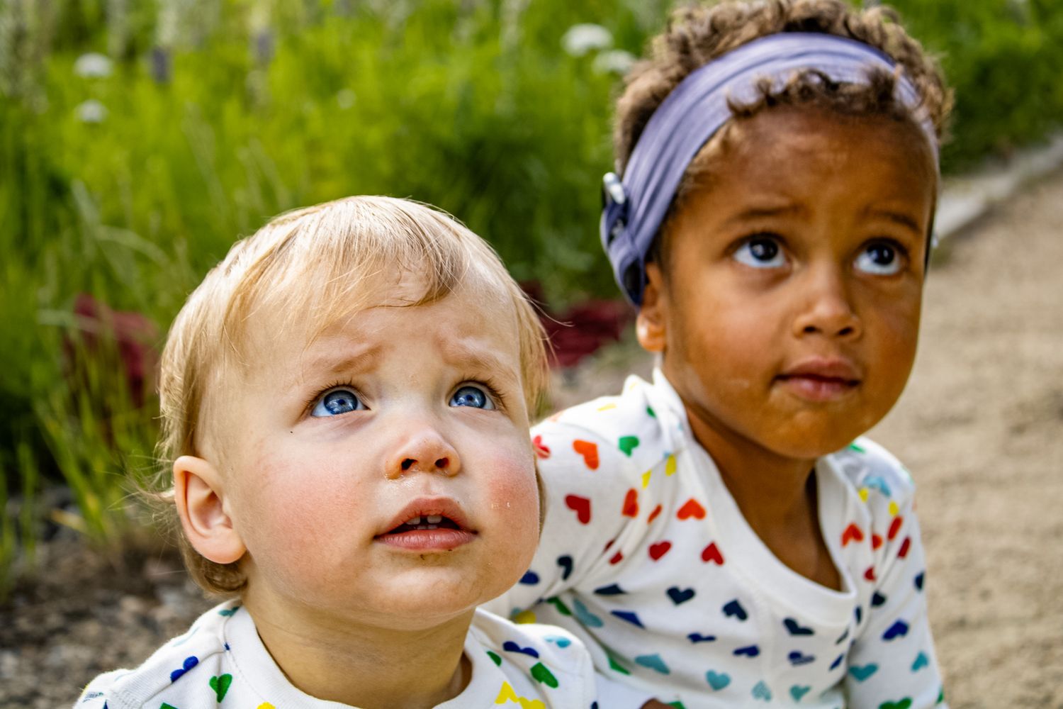 Close-up portraits of young children looking upward with curious expressions.