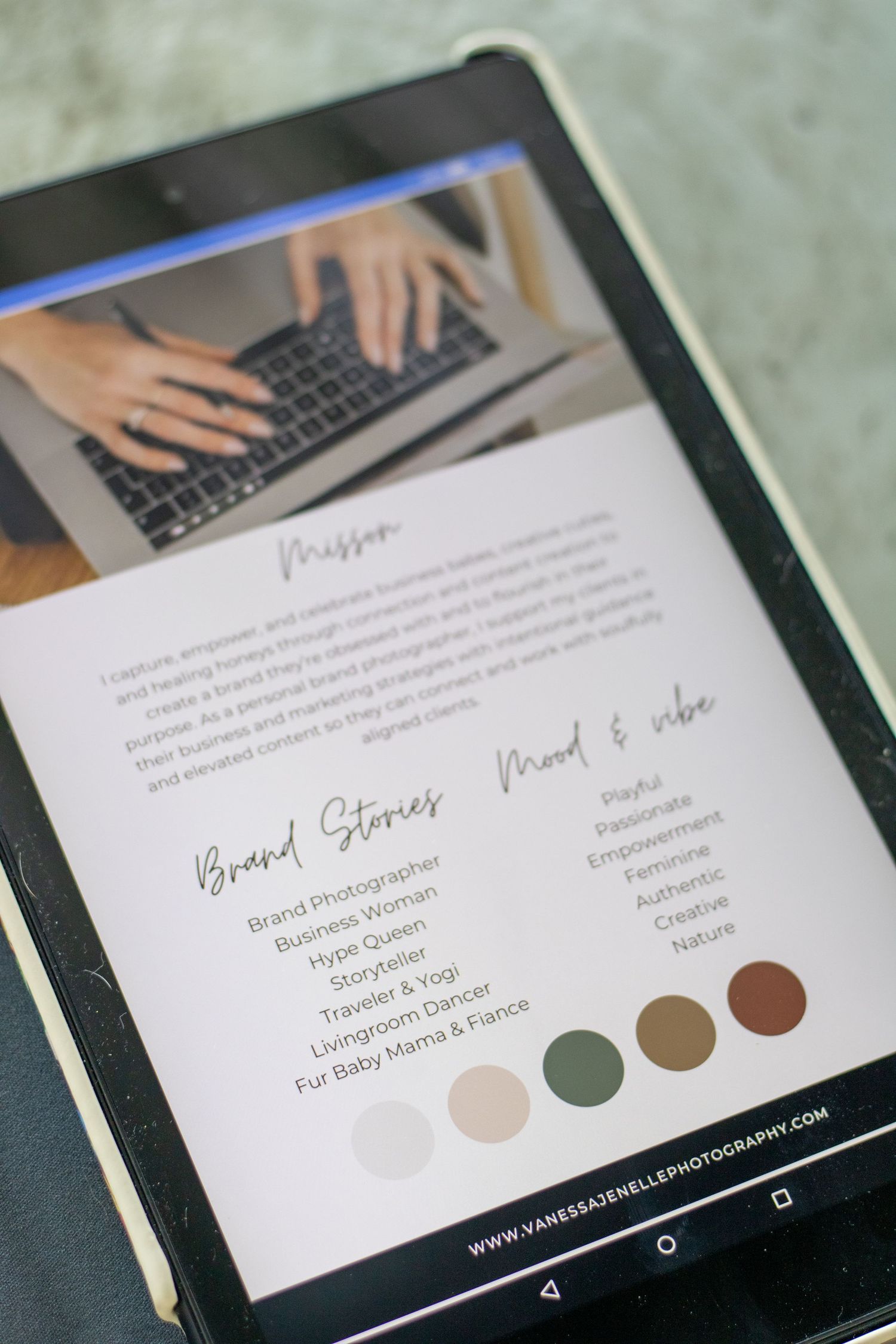 A series of color palette swatches in neutral tones shown on a brand design document displayed on a laptop screen.