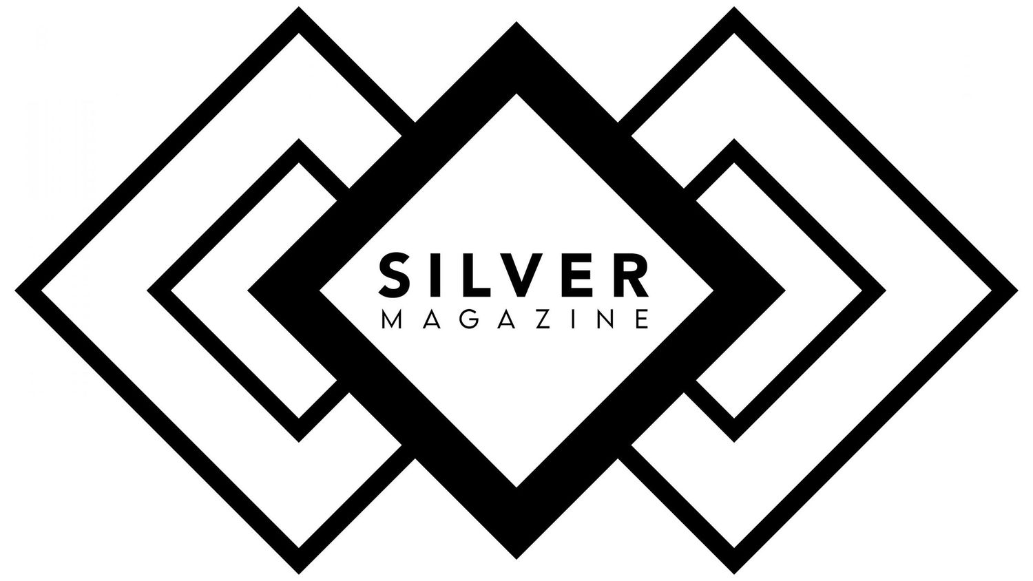 Abstract black and white geometric pattern with diamond shapes and text elements.