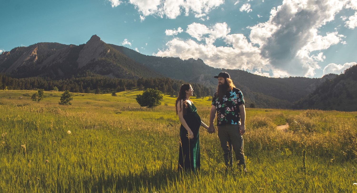A panoramic sequence of people hiking through golden wildflower meadows with mountain peaks and dramatic clouds in the background.