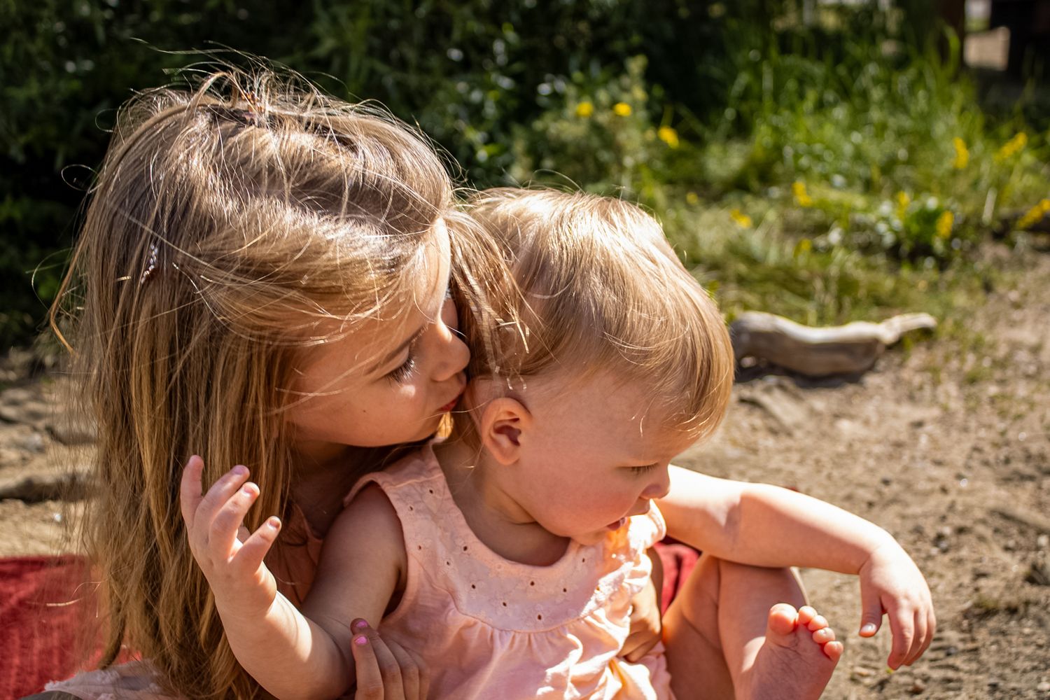Children play together outdoors on a sunny day, sharing toys and exploring nature in a garden setting.