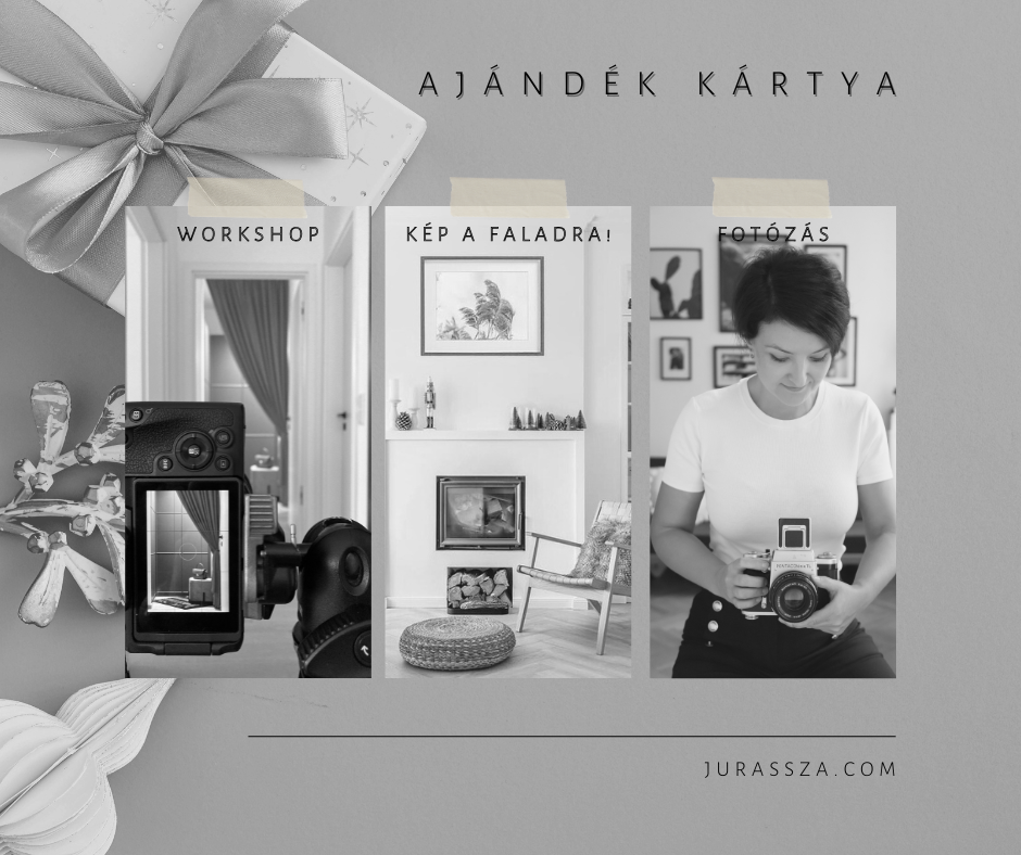 Black and white gift card advertisement for photography workshops and wall art prints from jurassza.com.