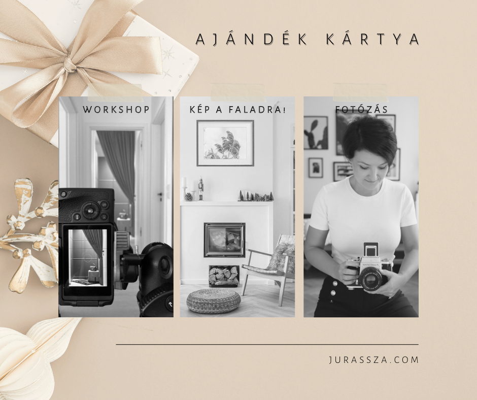 Beige-toned photography gift card for Jurassza.com featuring workshop, wall art, and portrait photo services.
