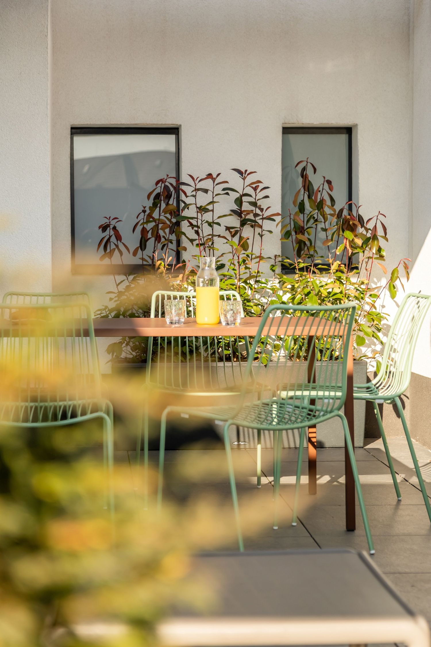 Sunny outdoor terrace cafe with green metal chairs, wooden tables, lush plants, and a bottle of orange juice.