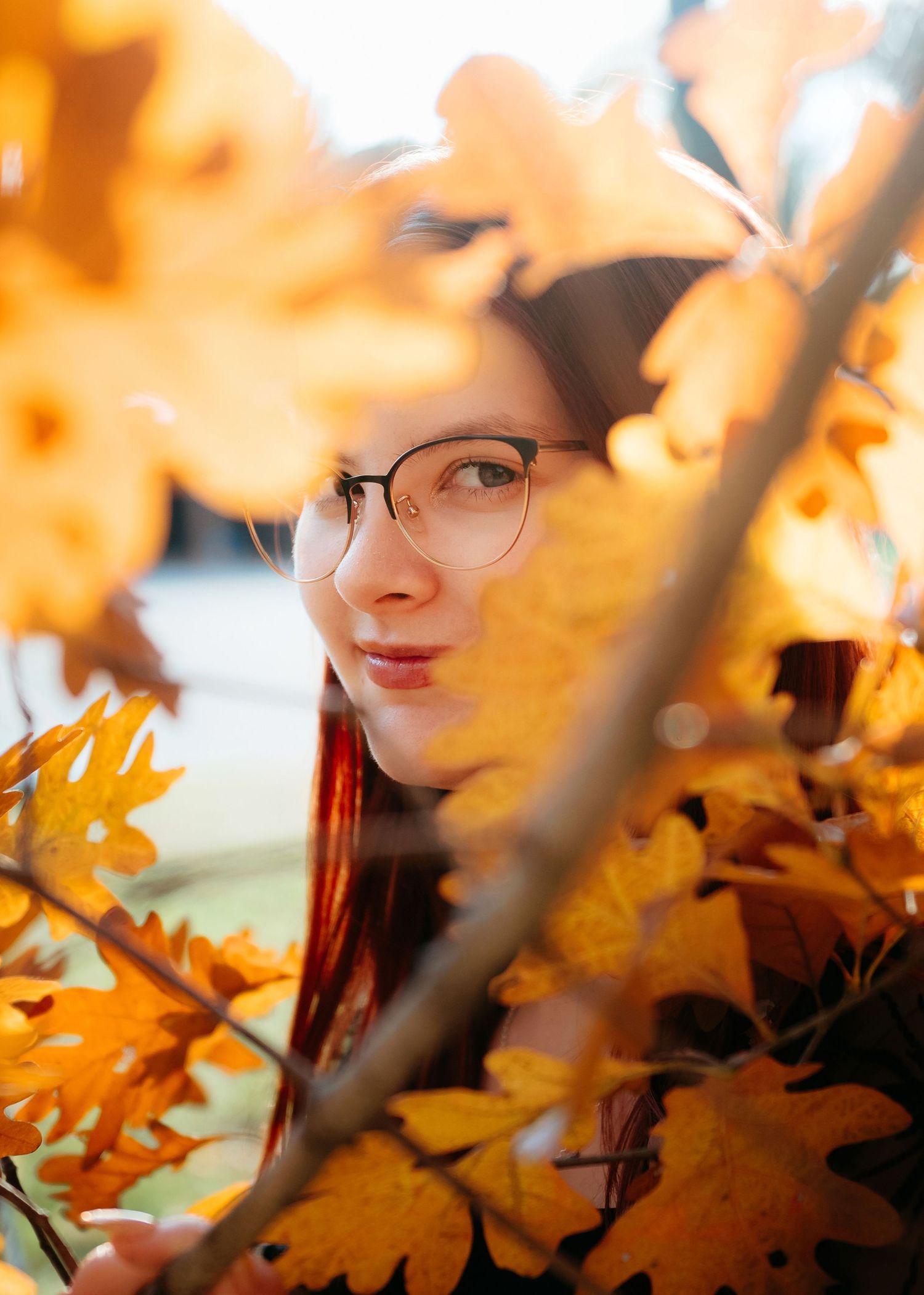Artistic autumn portrait through golden leaves and branches with soft natural lighting.