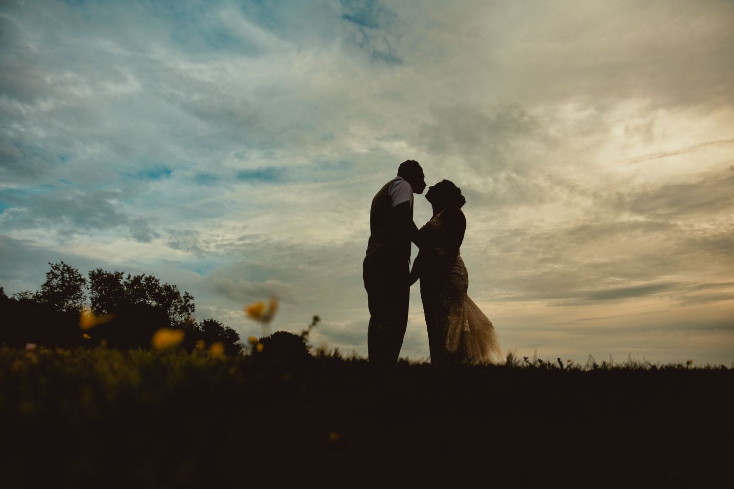 Silhouette of a romantic couple sharing a tender moment at sunset in a lush field with dramatic cloudy sky.