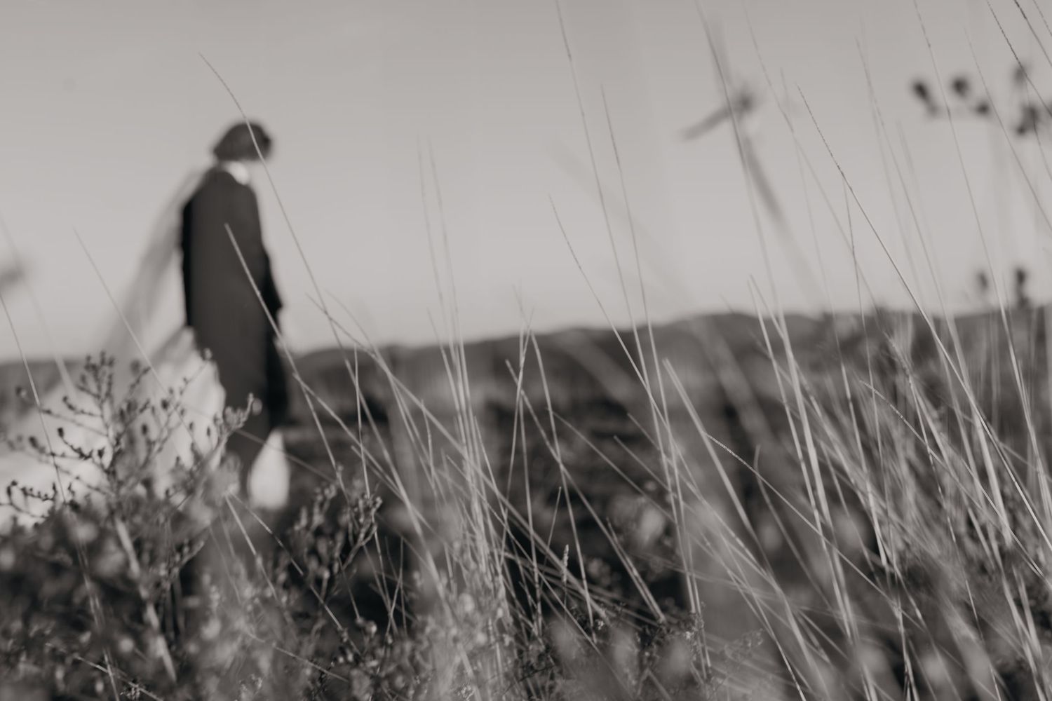 Black and white artistic photo of a silhouette walking through tall grass on a hillside.