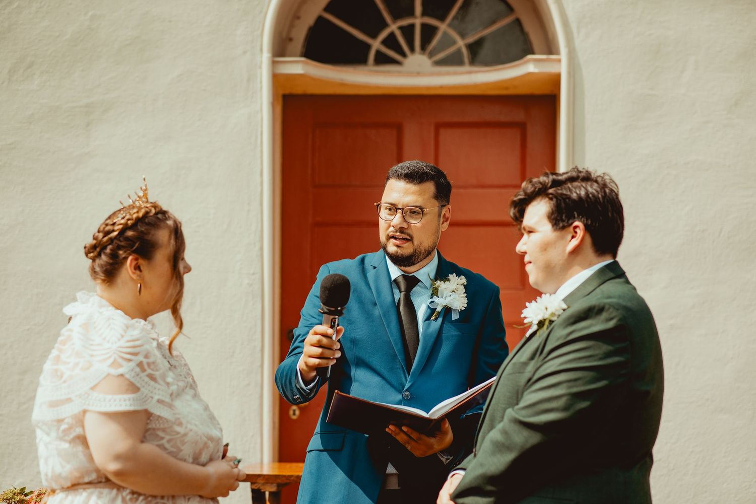A collage of wedding moments showing couples and guests during a celebration at a venue with red doors.