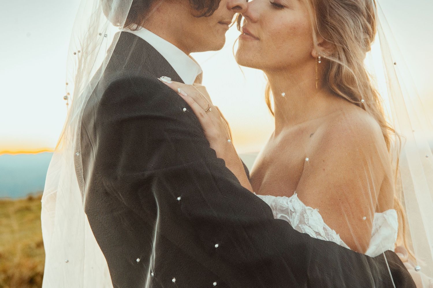 A dreamy wedding portrait sequence showing intimate moments between newlyweds during sunset.