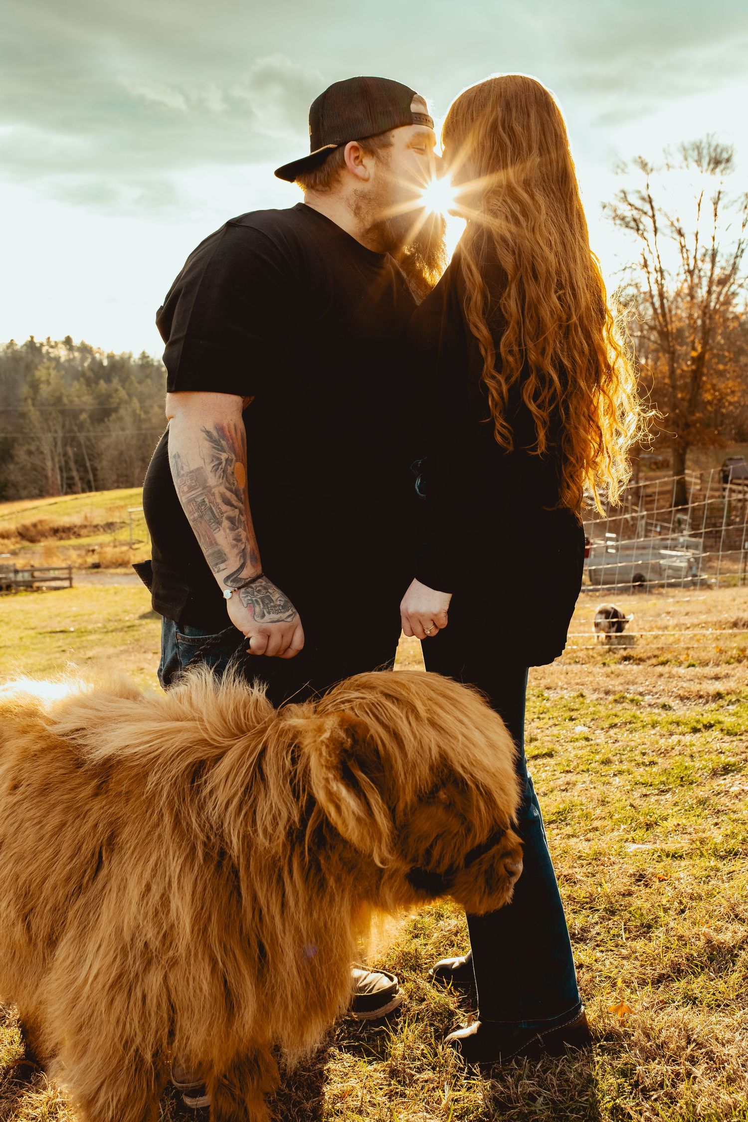 A couple embraces in a sunlit field with a fluffy brown dog during golden hour sunset.