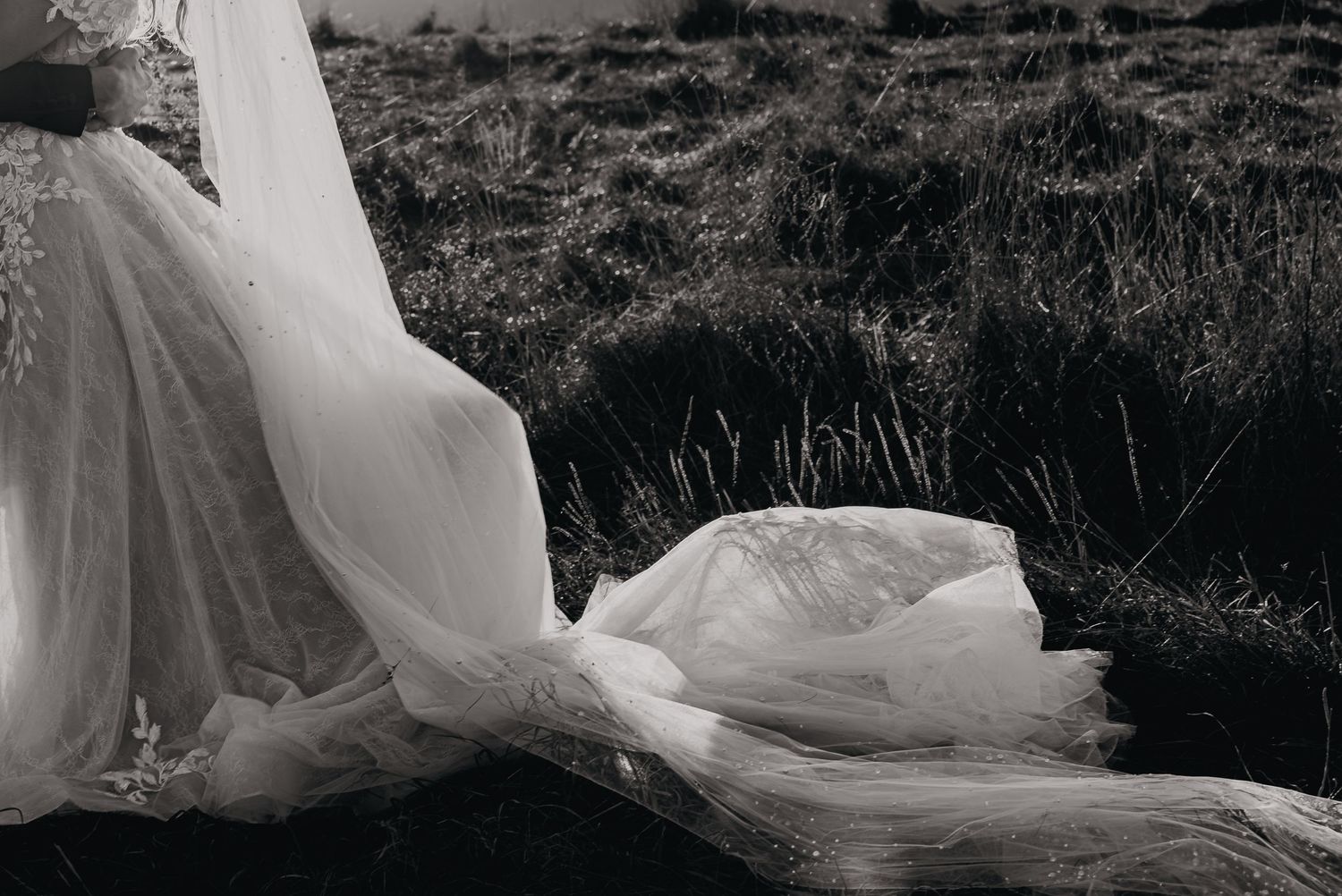 Black and white panoramic photo of bride's dress flowing in wind against desert backdrop.