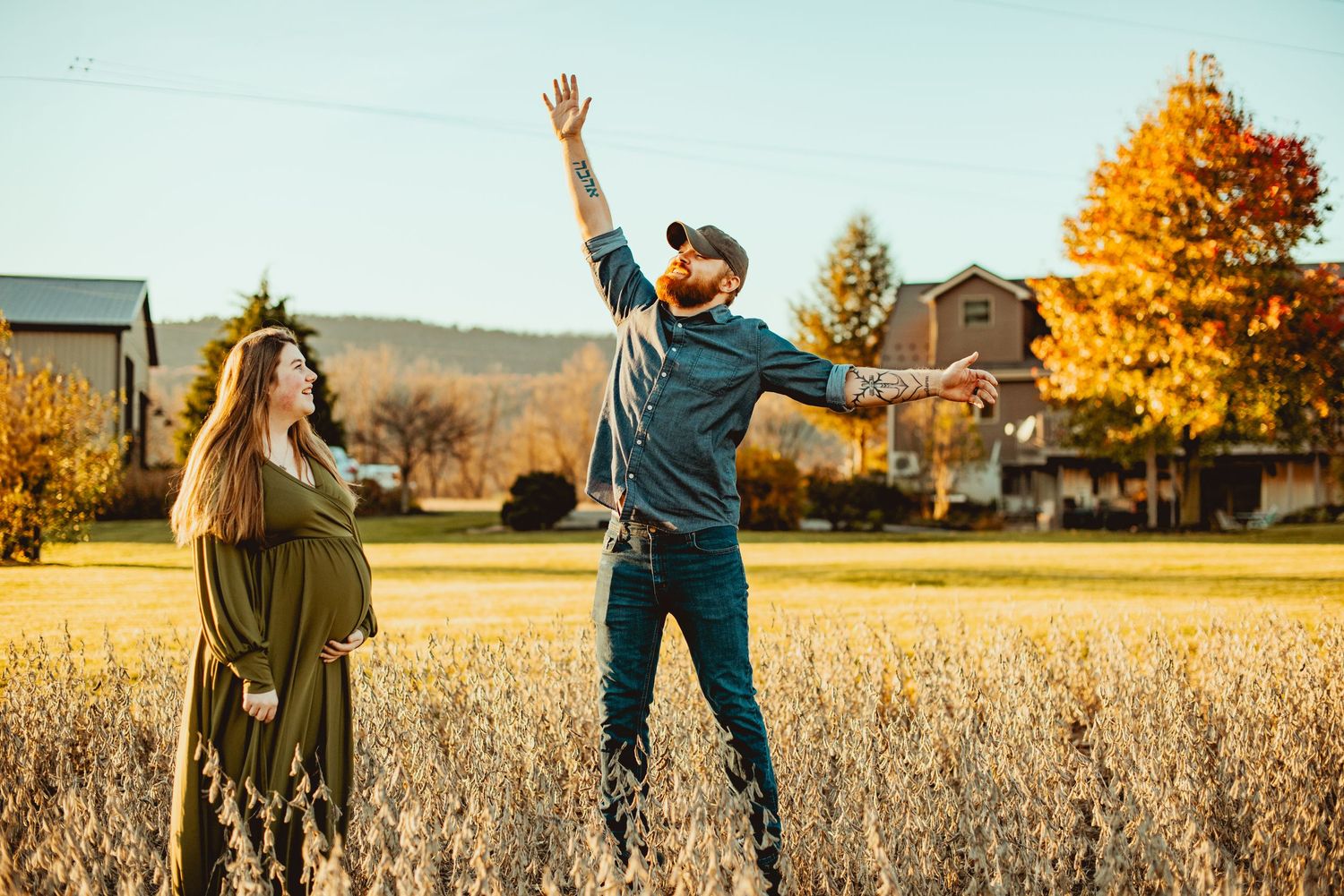 Panoramic sequence of people joyfully running and jumping through a golden autumn field at sunset.