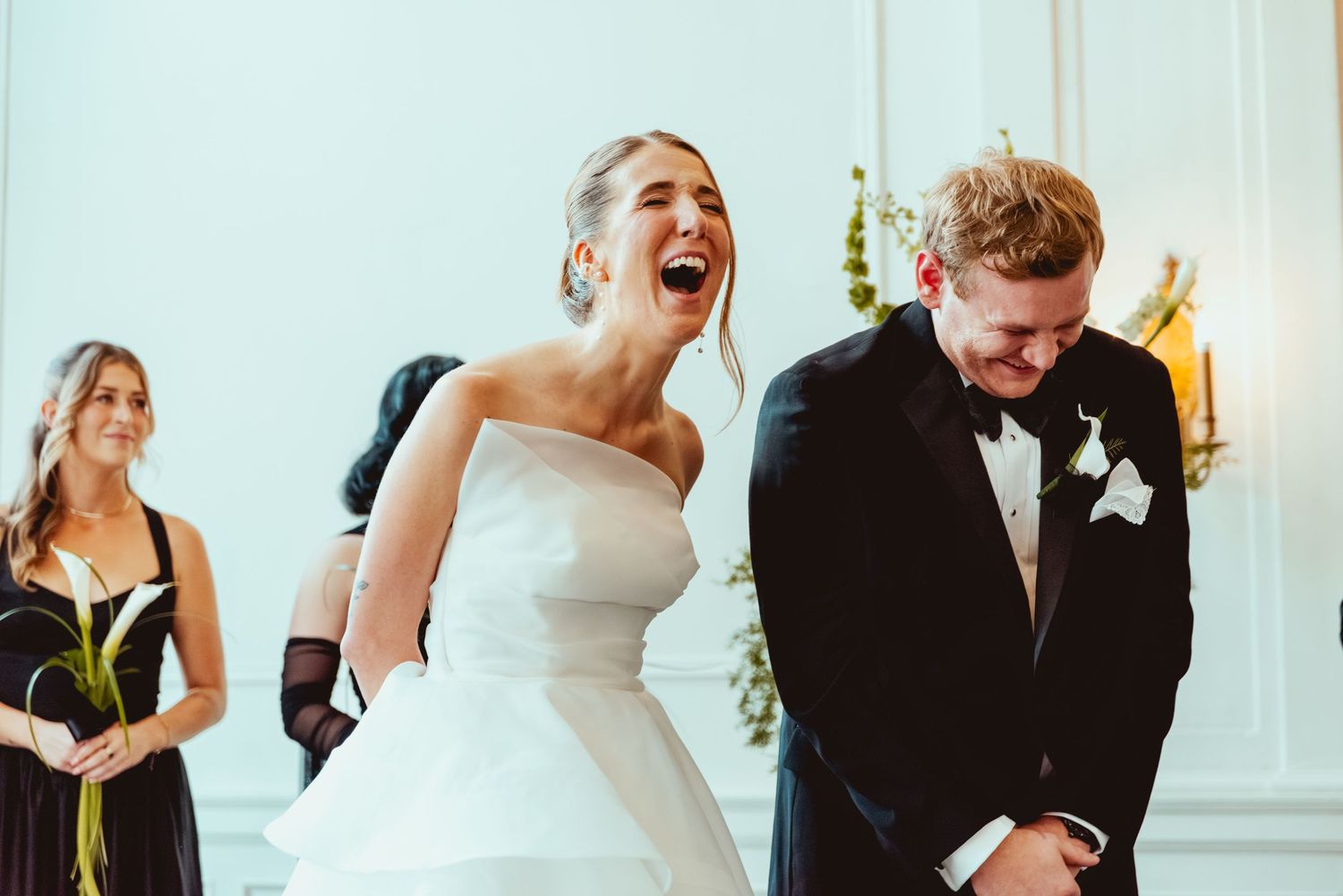 Candid sequence of joyful moments between wedding couple and guests during reception celebration.