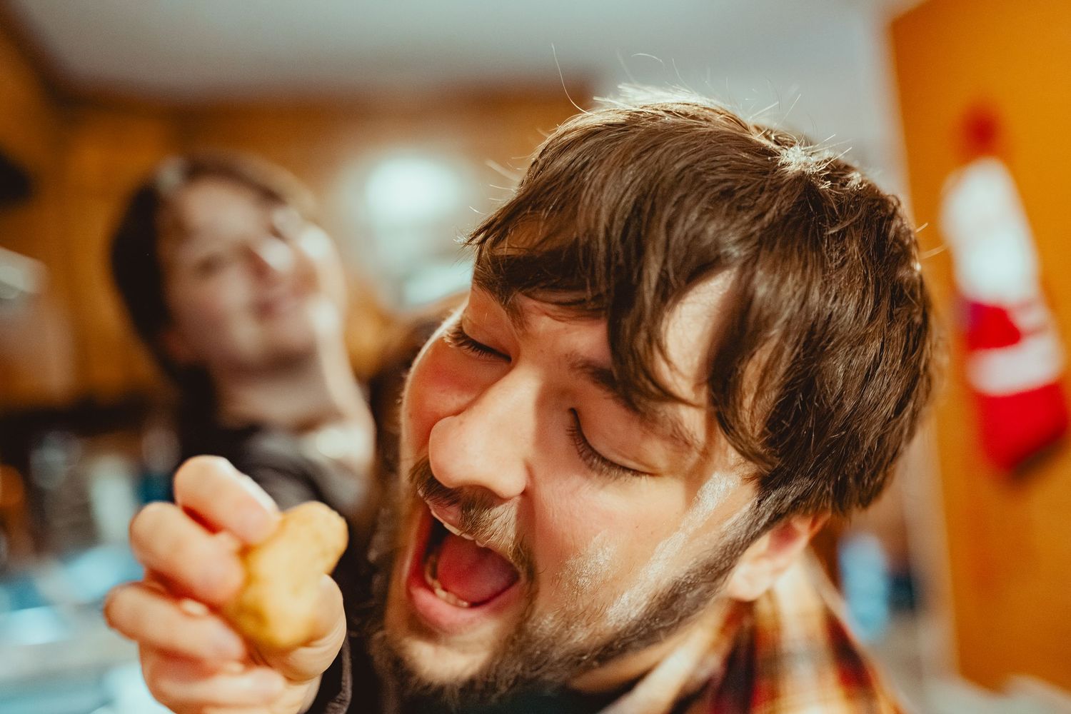 A sequence of photos showing someone eating a tasty dessert with expressions of enjoyment and delight.