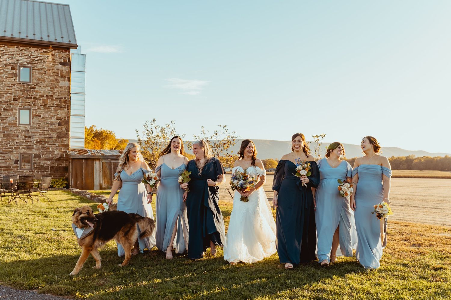 Wedding party in blue and black attire posing together on a hilltop against blue sky.