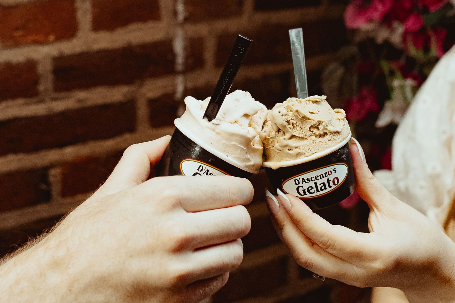 Two people toasting with cups of D'Acquino's Gelato in front of a brick wall.