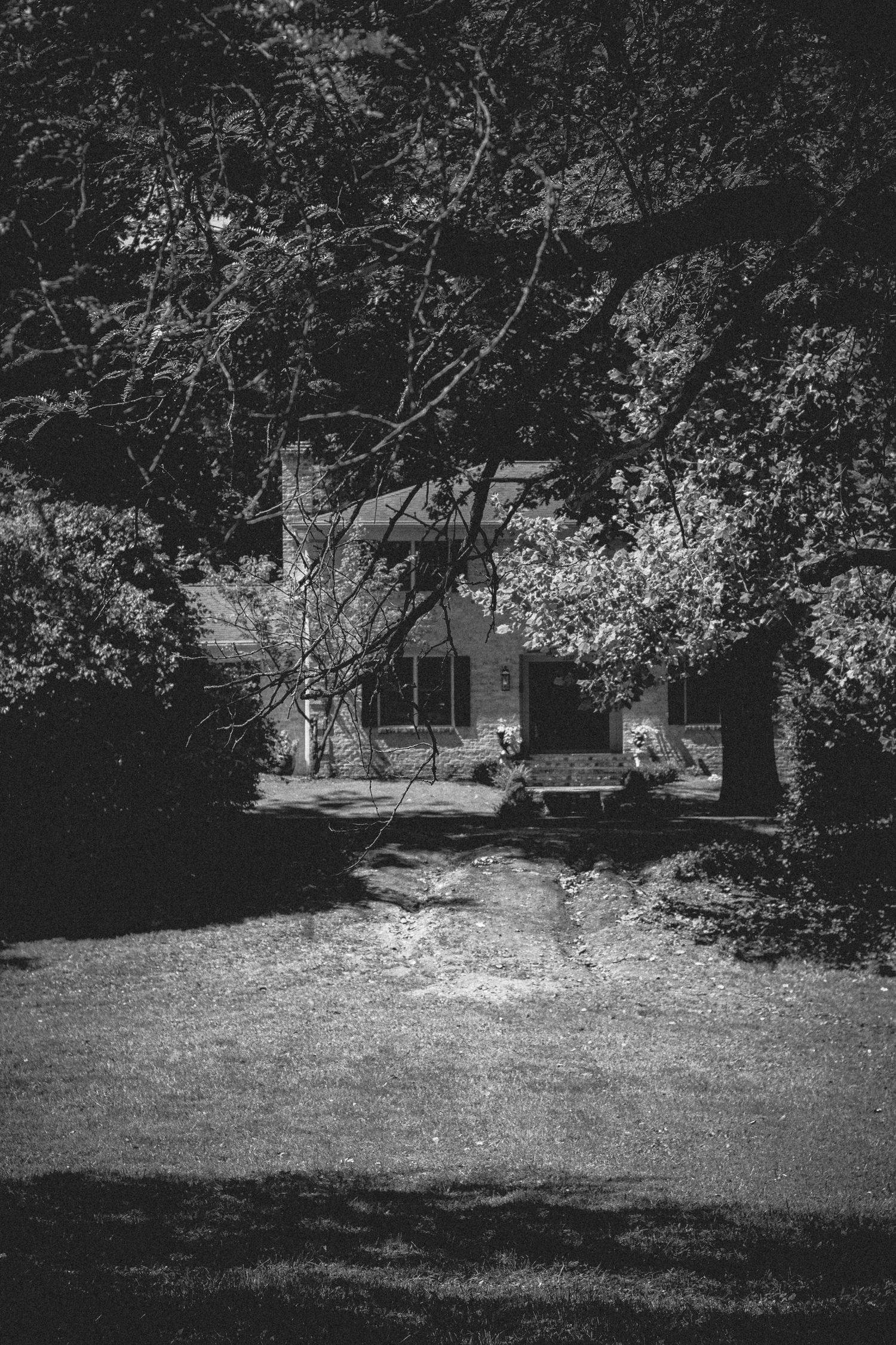 Black and white photo of a secluded brick house surrounded by dense trees and shrubs.