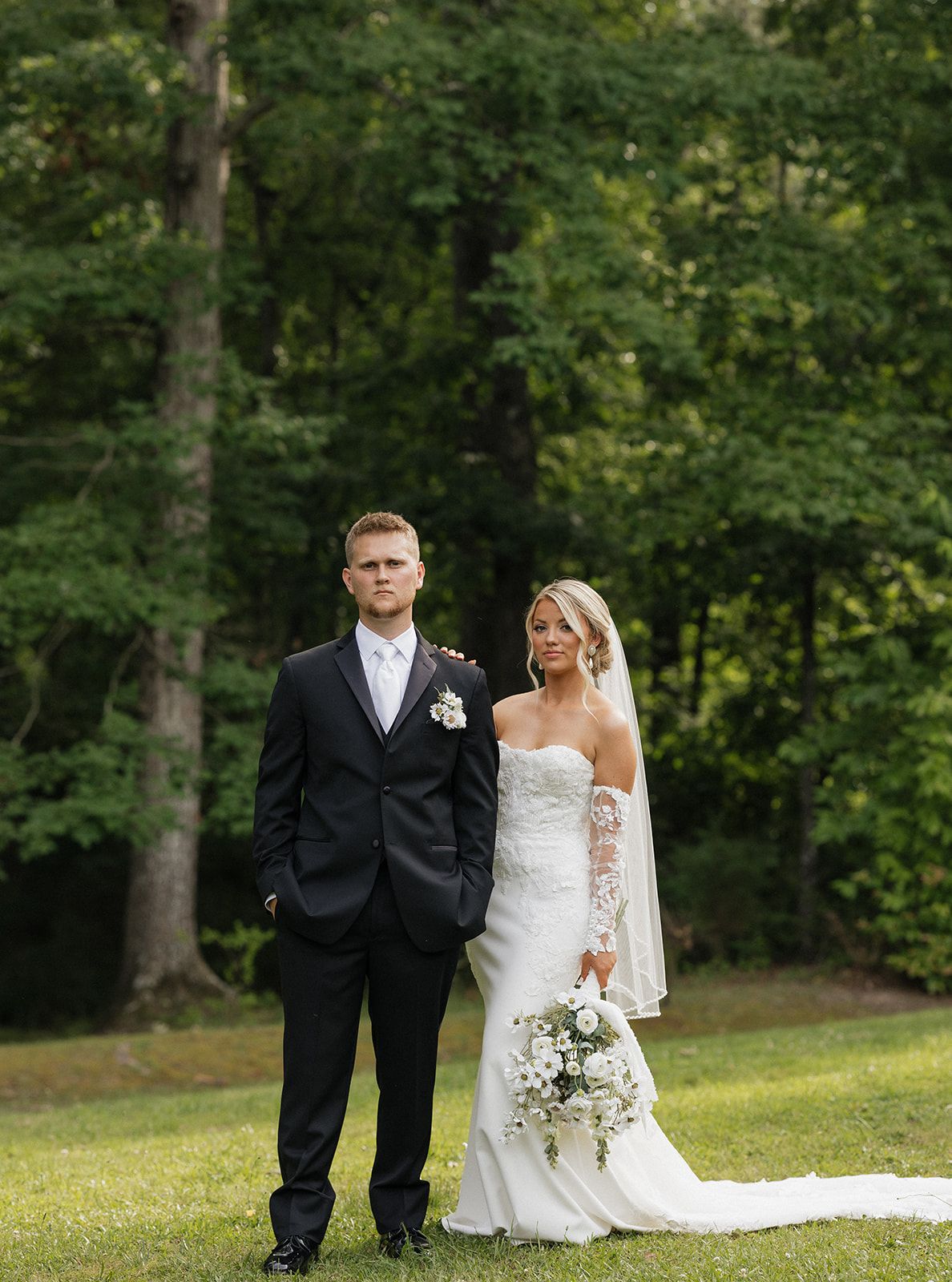 A bride and groom pose for creative split-frame wedding photos in a lush outdoor setting with green trees.