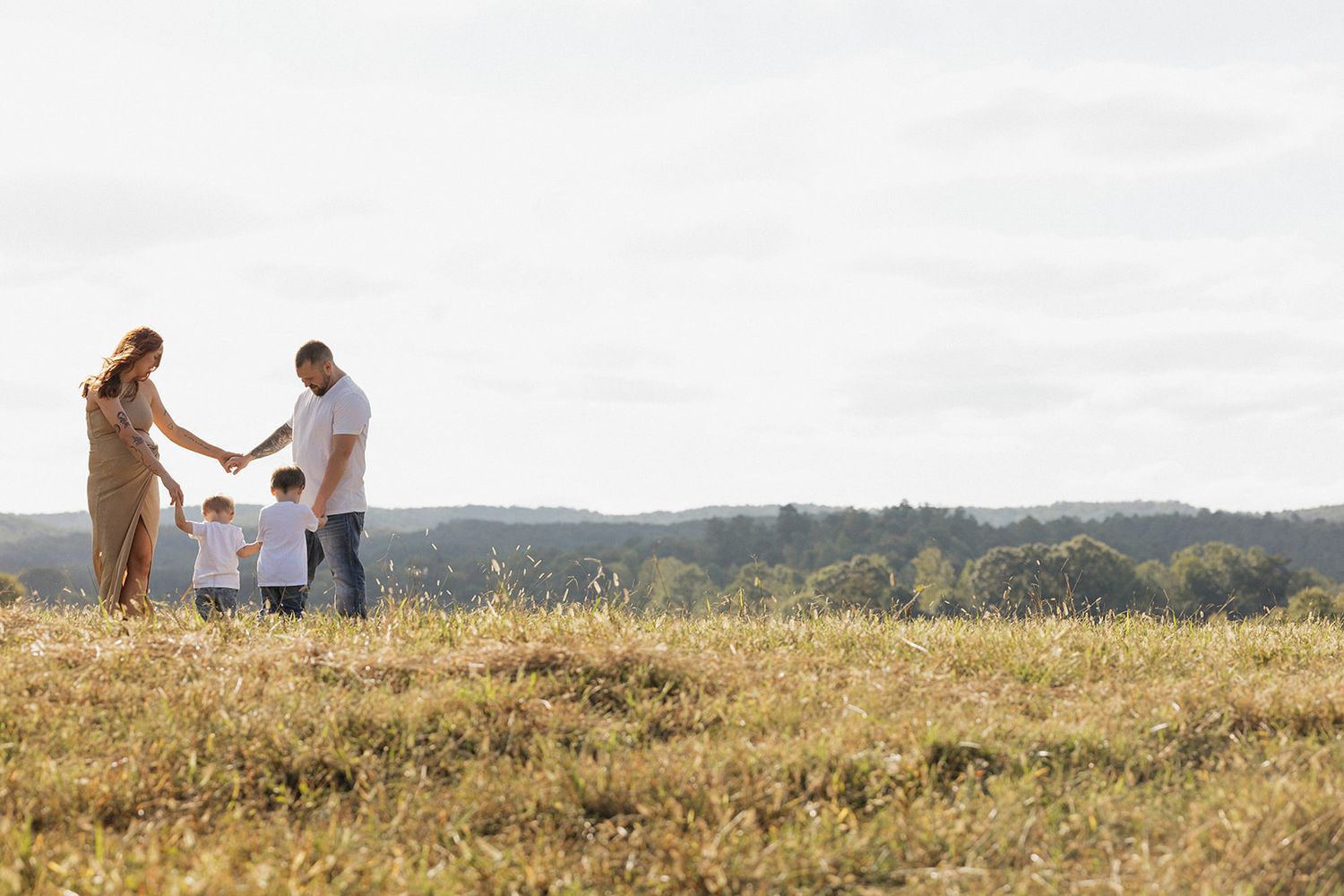 Family holds hands in a circle while standing together on a grassy hilltop against a scenic landscape view.
