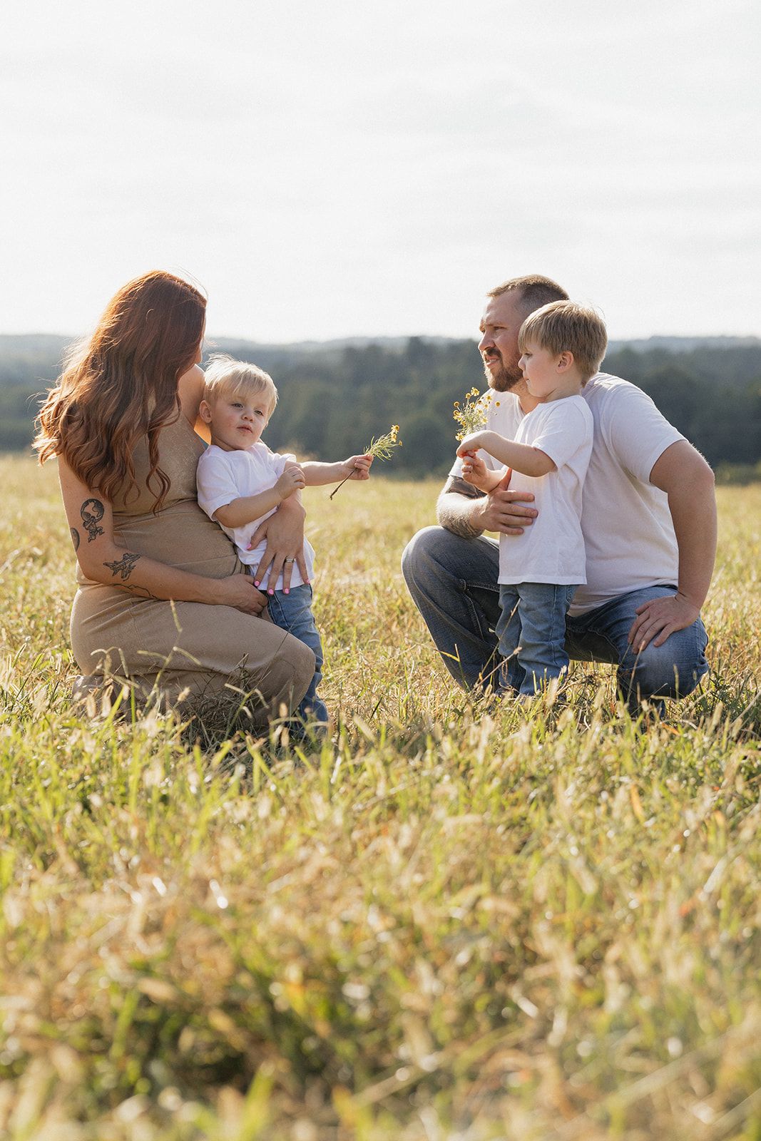Family of four sits together in a sunlit meadow on a warm summer evening.