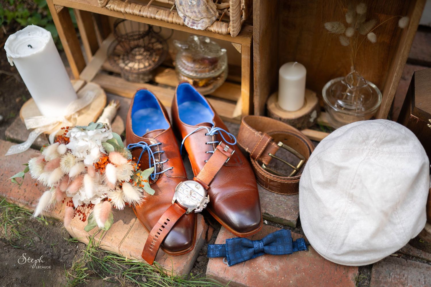 A collection of wedding accessories including shoes, bouquets, and decorative items arranged in a row of photos.
