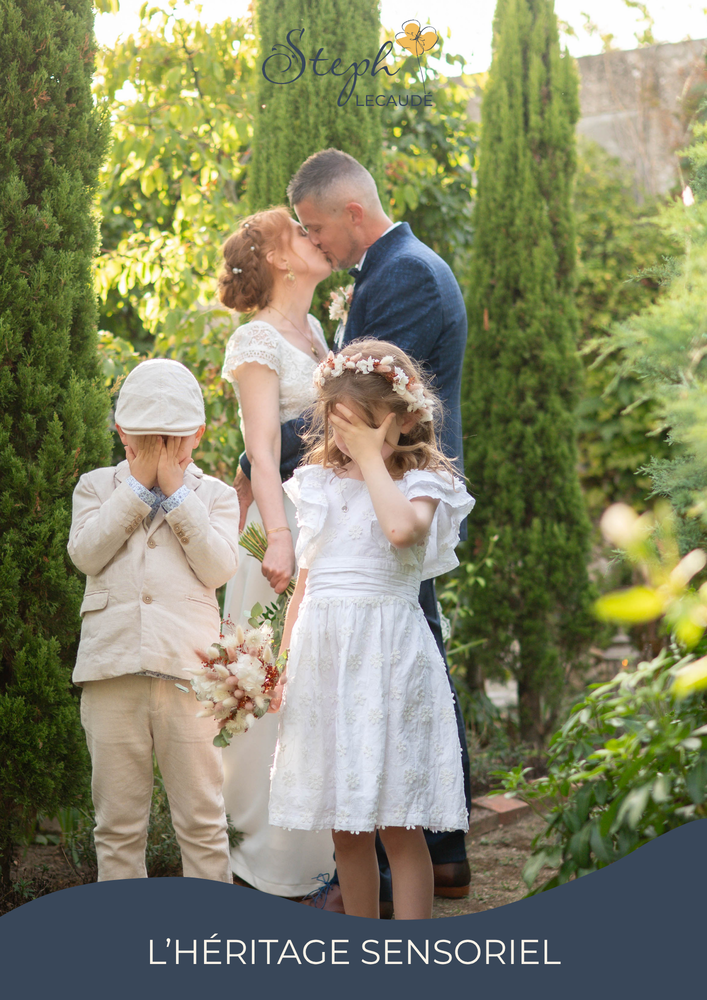 A romantic garden scene with cypress trees and white floral decor creates an elegant outdoor setting.