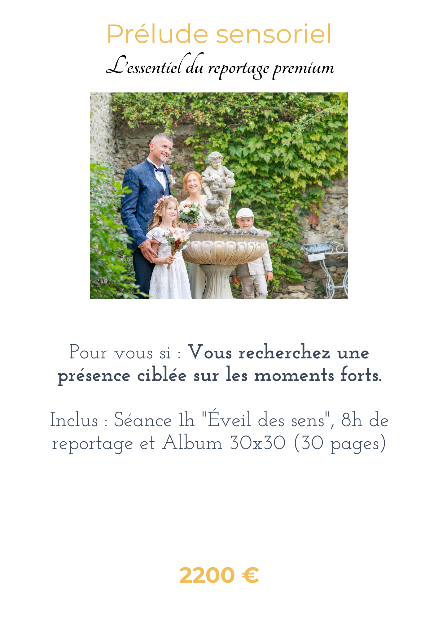 A wedding family photo featuring a couple with children posed near a stone fountain surrounded by lush green ivy.