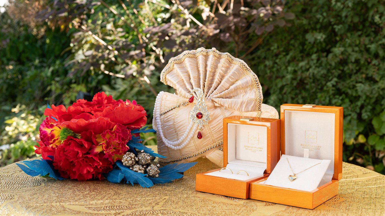 Rustic wooden displays with white flowers, lace details, and decorative accessories.