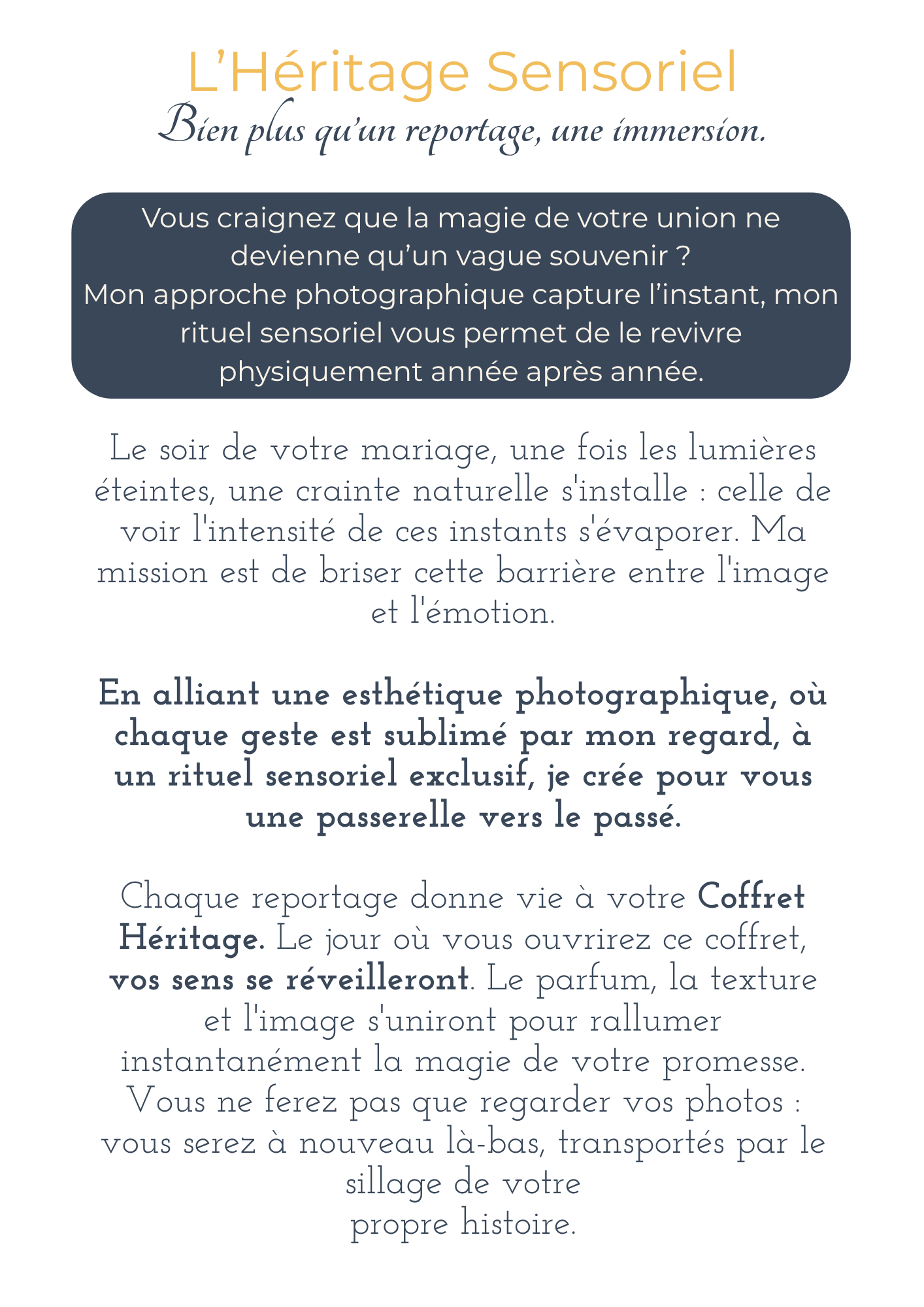 Elegant French wedding photography service flyer titled L'Heritage Sensoriel promoting sensory ritual packages.