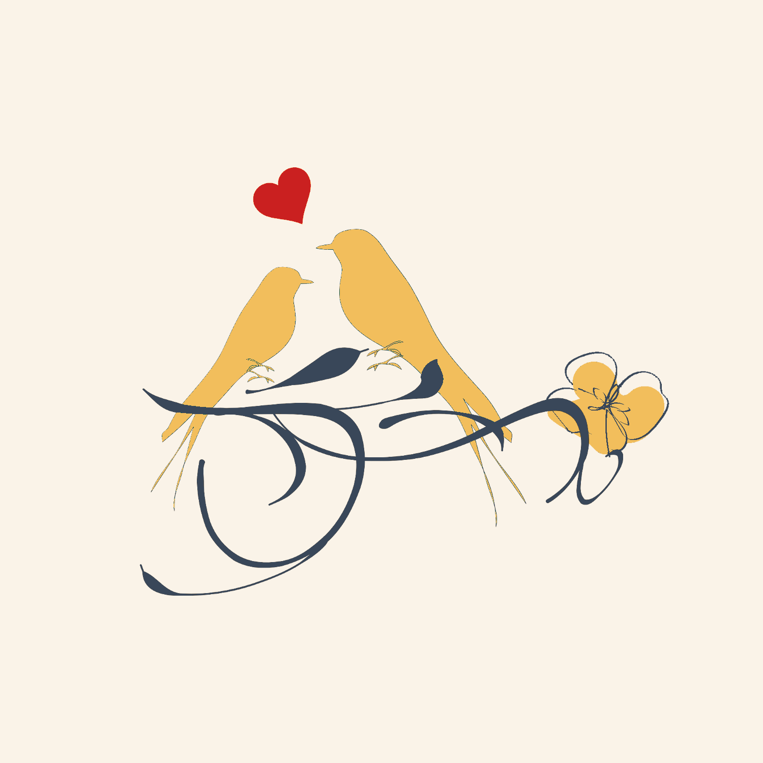 Minimalist illustration of love birds on branches with hearts in beige and navy color palette.