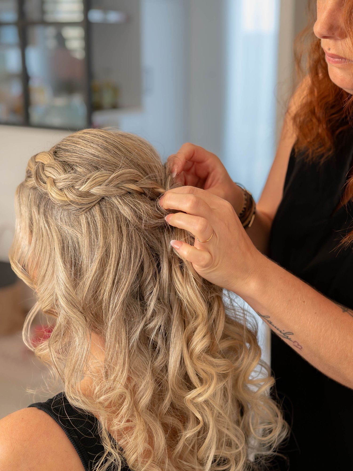 A series of photos showing detailed styling of blonde curled hair for a formal event.
