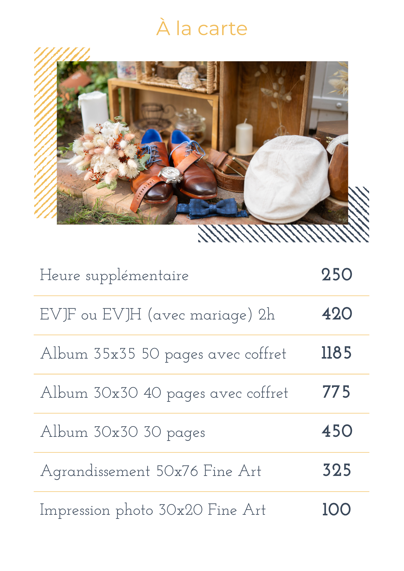 Wedding photography pricing menu showing various album and print package options with costs in elegant layout.