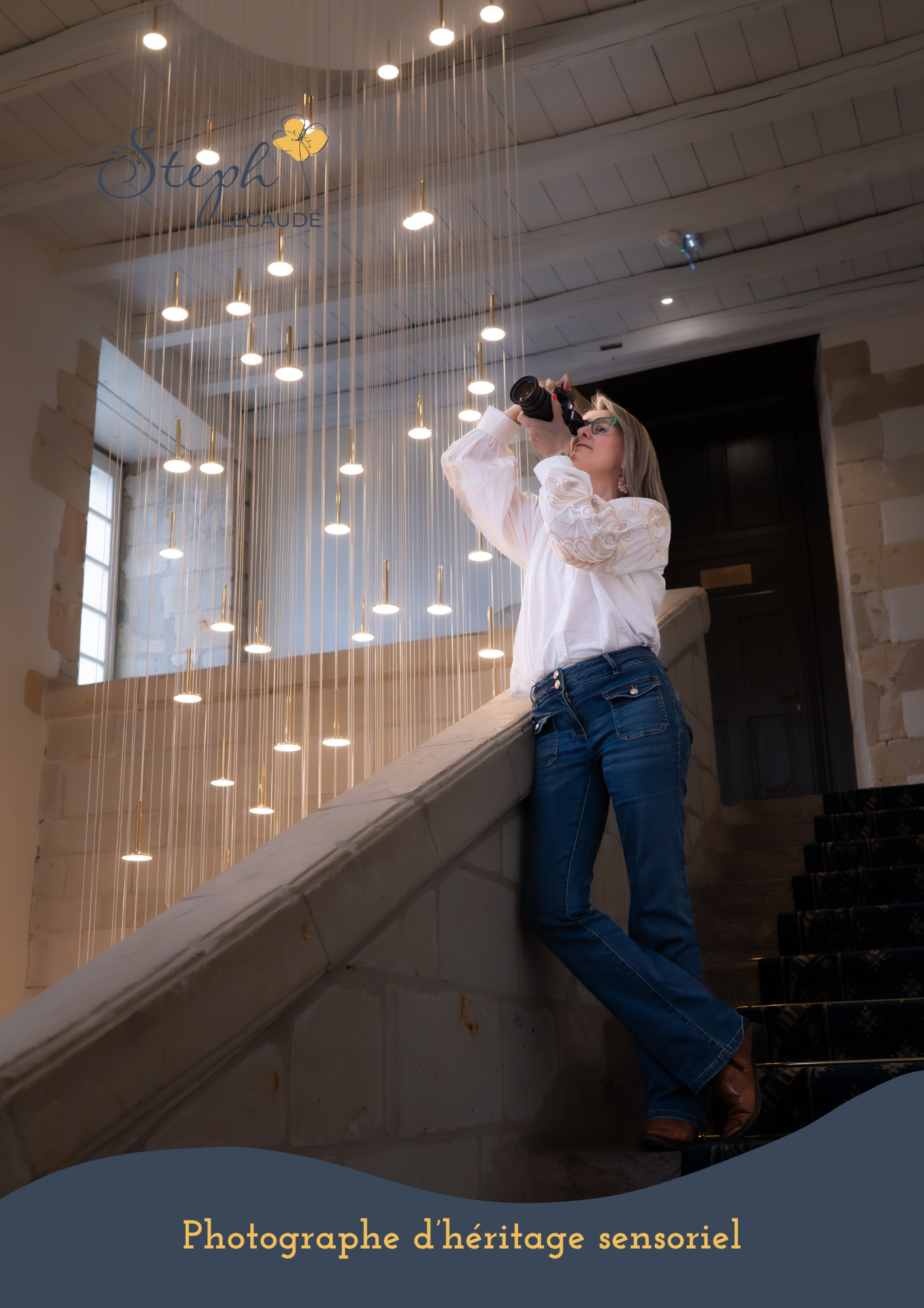 A series of artistic photos showing someone in white shirt and jeans jumping against a backdrop with hanging lights.