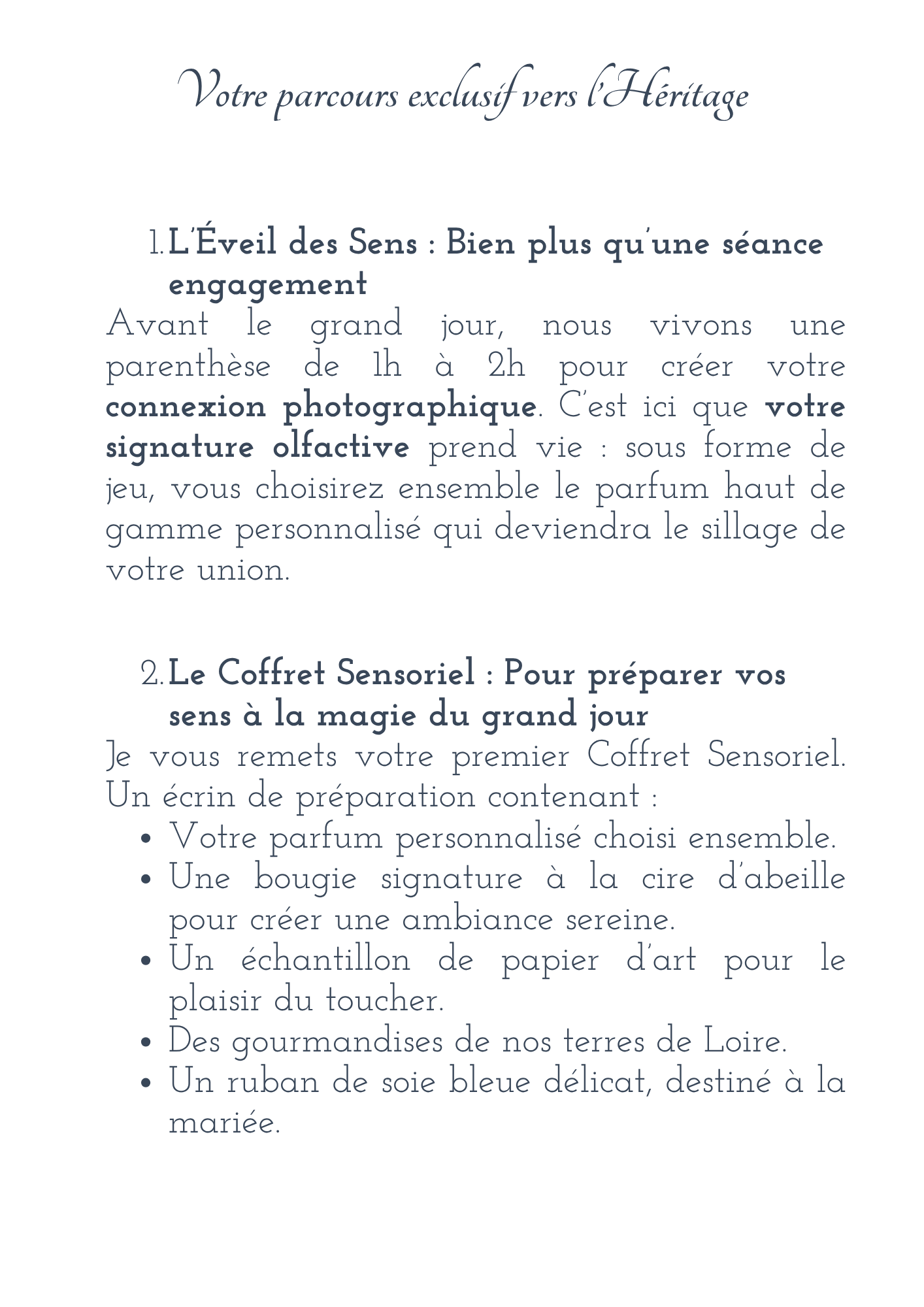Elegant French wedding photography package brochure featuring sensory experience details and luxury gift box contents.