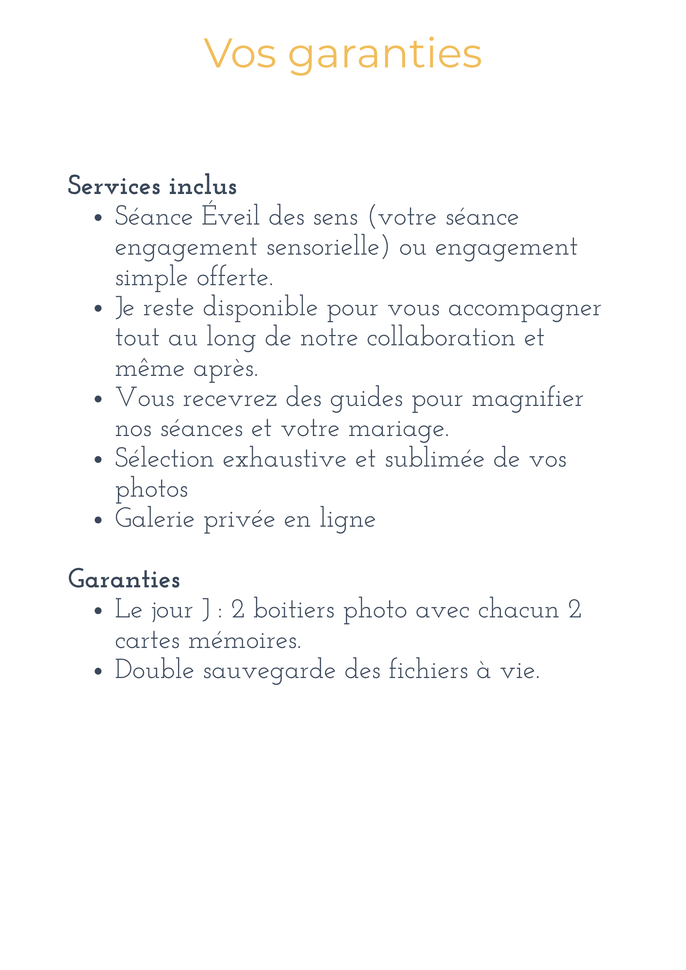 French wedding photography guarantee card listing included services and photo backup guarantees for couples.