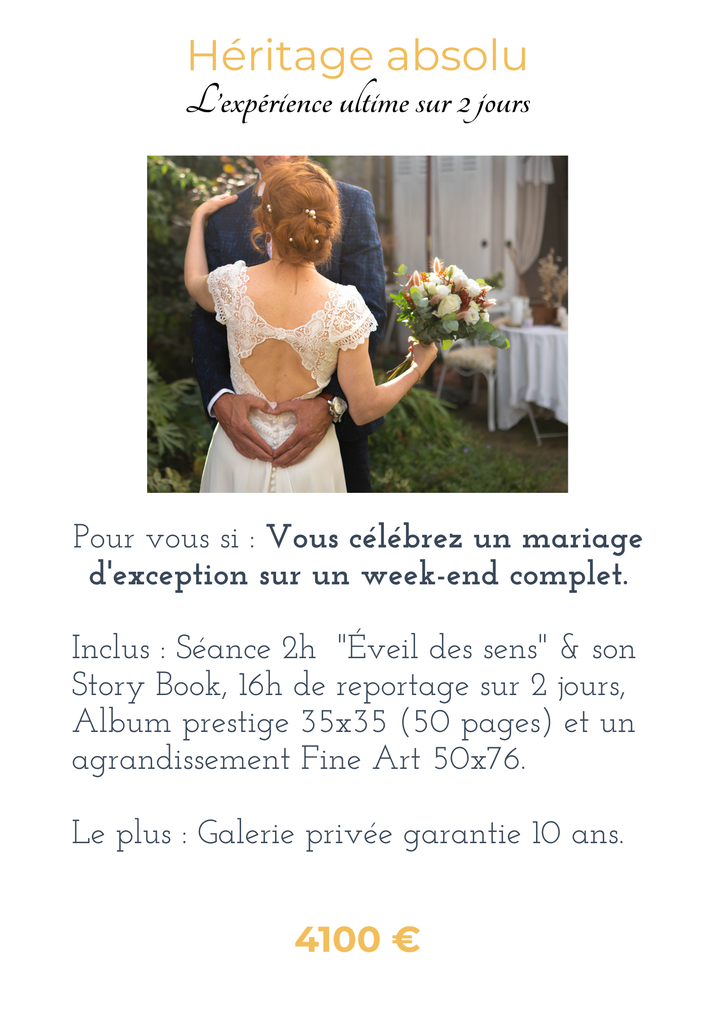 Elegant bride in lace backless wedding dress holding bouquet, promoting a 2-day luxury wedding photography package for 4100€.