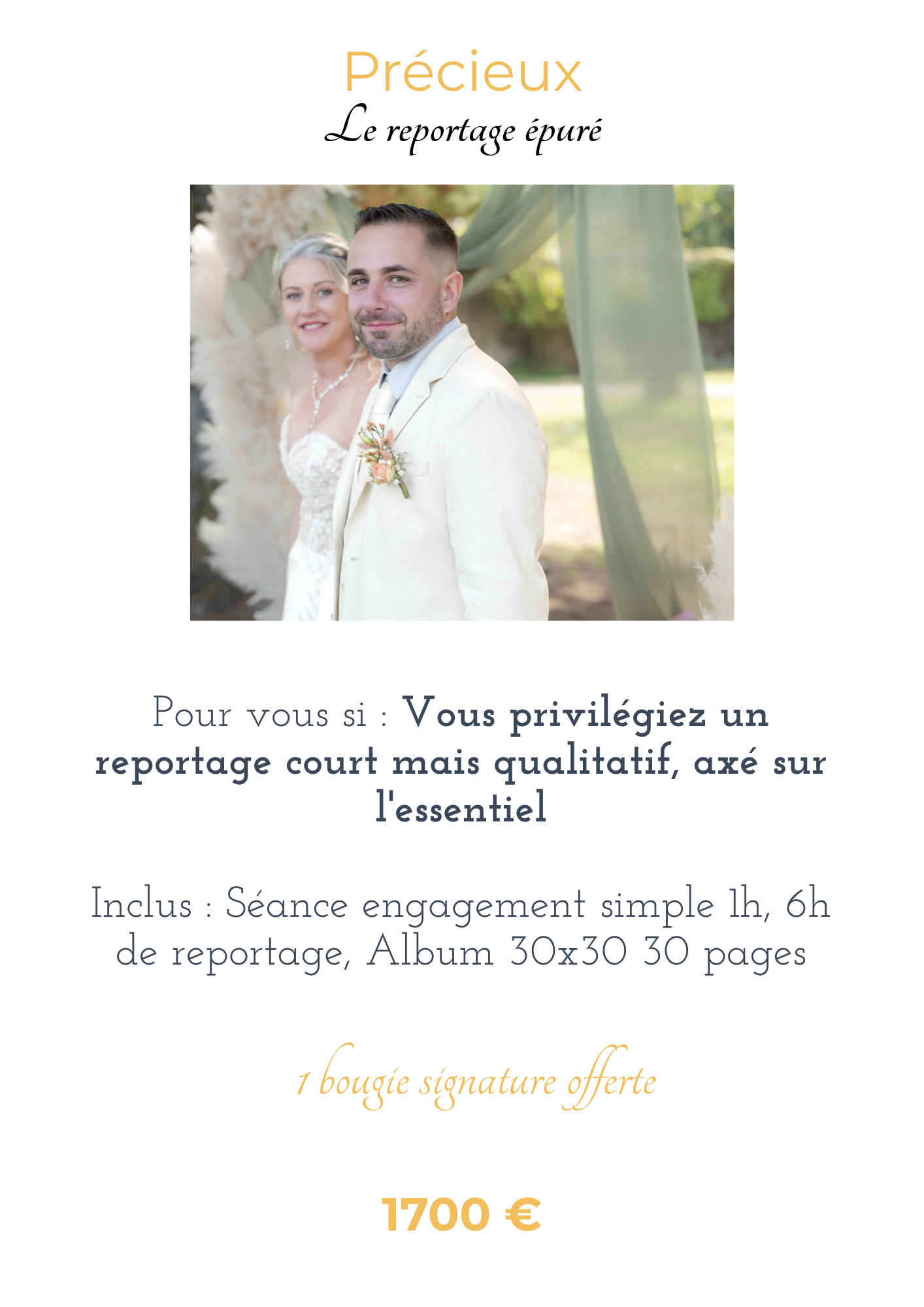 Elegant wedding couple in white attire posing outdoors for a premium photography package called Precieux priced at 1700 euros.