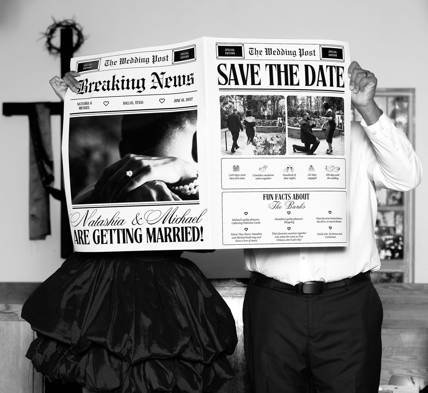 Couple holds a wedding newspaper with Breaking News and Save the Date announcing Natasha and Michael are getting married.