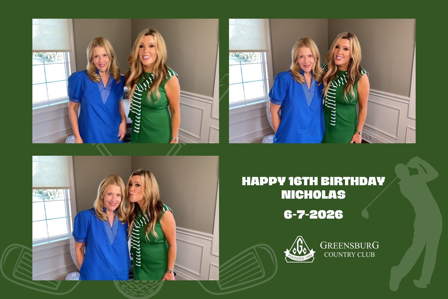 Photo booth strip from Nicholas's 16th birthday party at Greensburg Country Club on June 7, 2026, featuring two women posing.