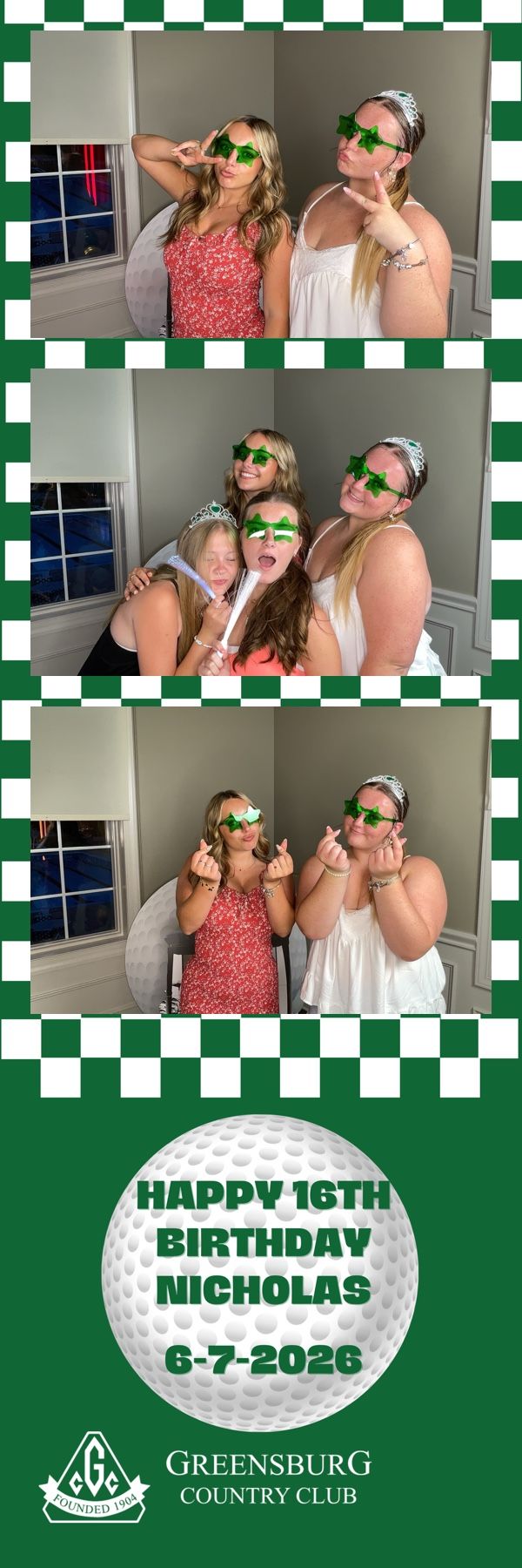 Four girls pose in a photo booth at Nicholas's 16th birthday party at Greensburg Country Club on 6-7-2026.