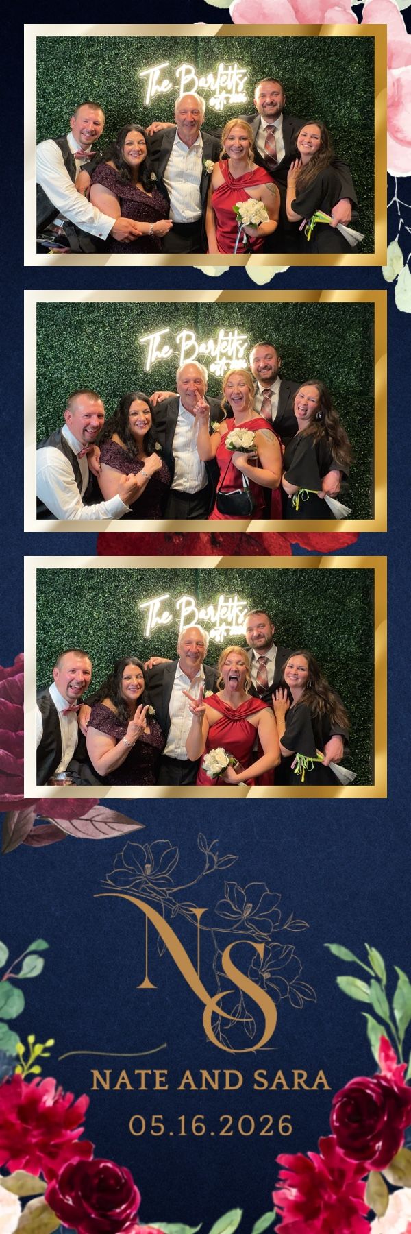 Photo booth strip from Nate and Sara's wedding on 05.16.2026, featuring six guests posing in front of a green hedge wall.